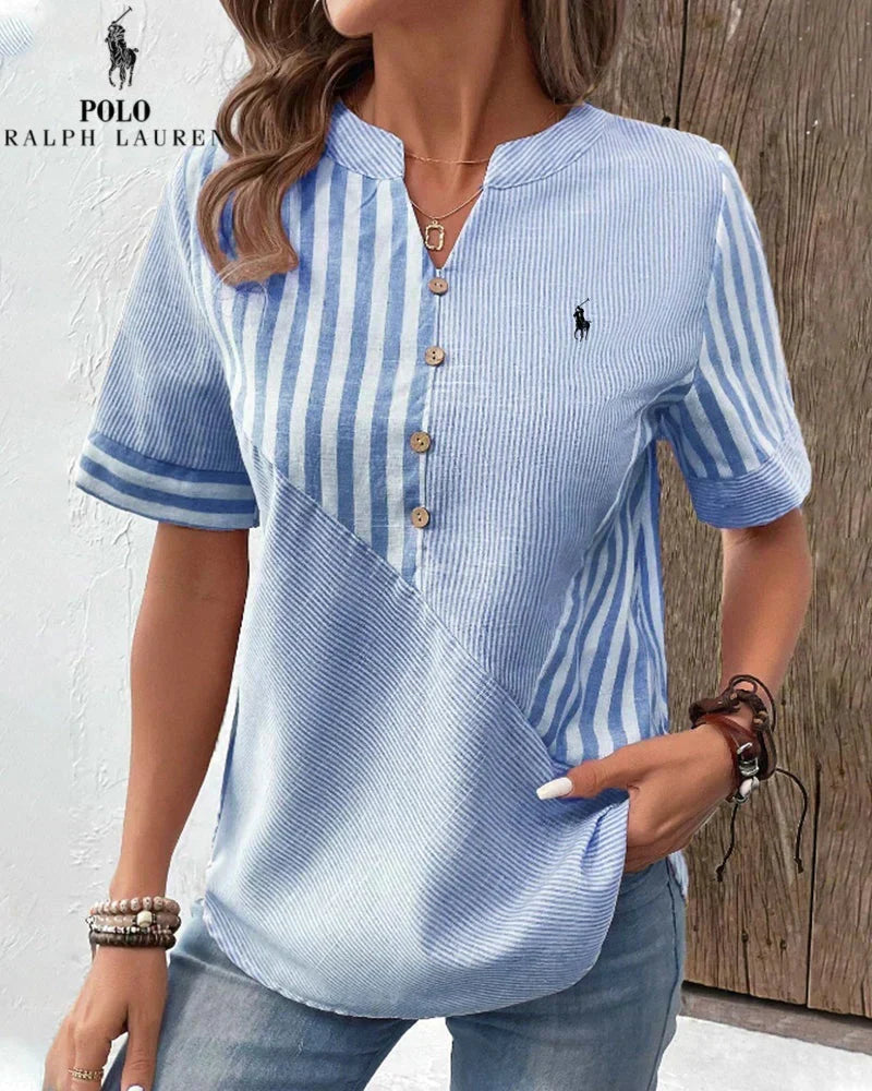Camisa Ralph Lauren de algodón y lino con rayas asimétricas y escote en V (Liquidación Limitada)
