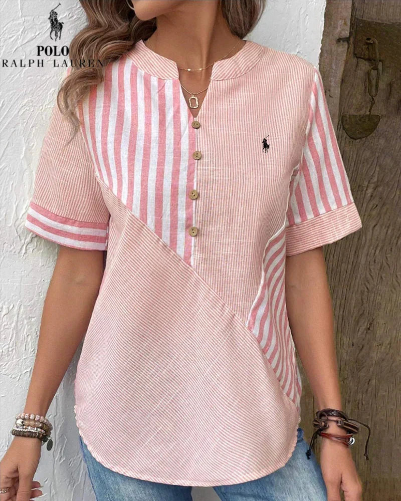 Camisa Ralph Lauren de algodón y lino con rayas asimétricas y escote en V (Liquidación Limitada)
