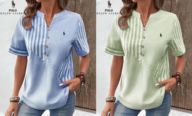Camisa Ralph Lauren de algodón y lino con rayas asimétricas y escote en V (Liquidación Limitada)