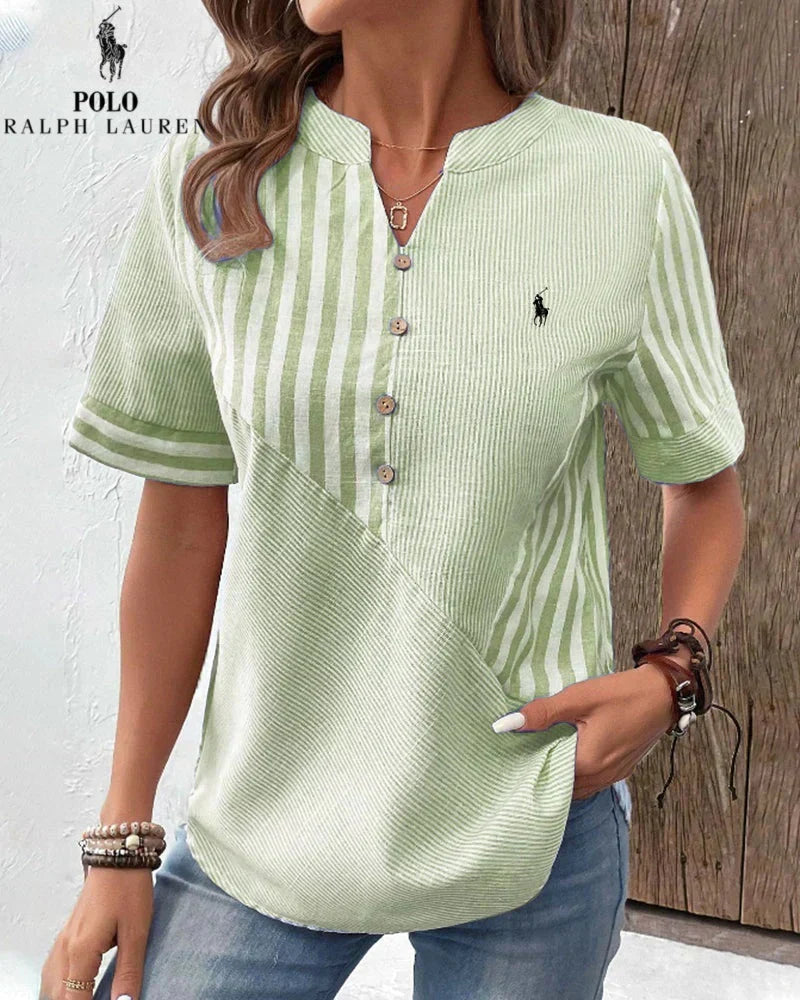 Camisa Ralph Lauren de algodón y lino con rayas asimétricas y escote en V (Liquidación Limitada)