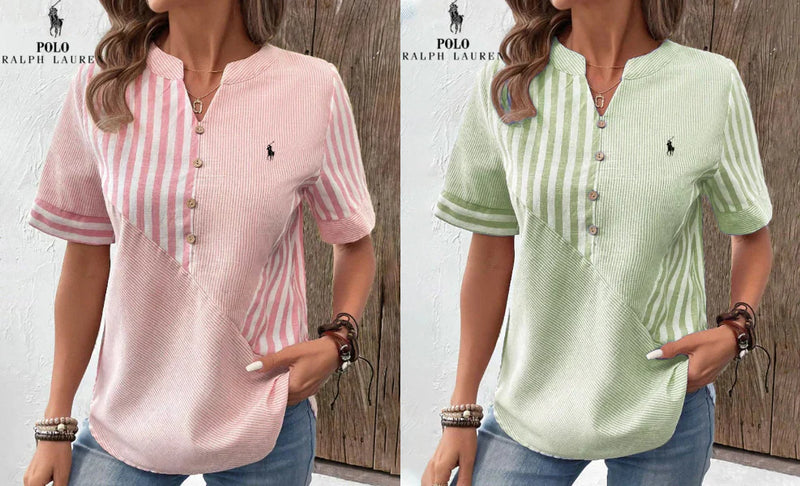Camisa Ralph Lauren de algodón y lino con rayas asimétricas y escote en V (Liquidación Limitada)