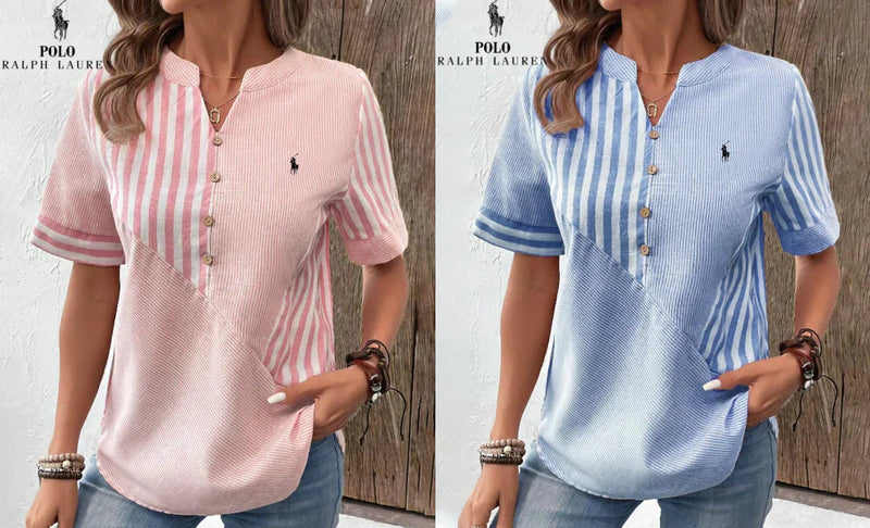 Camisa Ralph Lauren de algodón y lino con rayas asimétricas y escote en V (Liquidación Limitada)