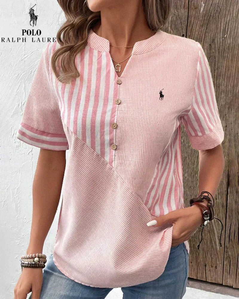 Camisa Ralph Lauren de algodón y lino con rayas asimétricas y escote en V (Liquidación Limitada)